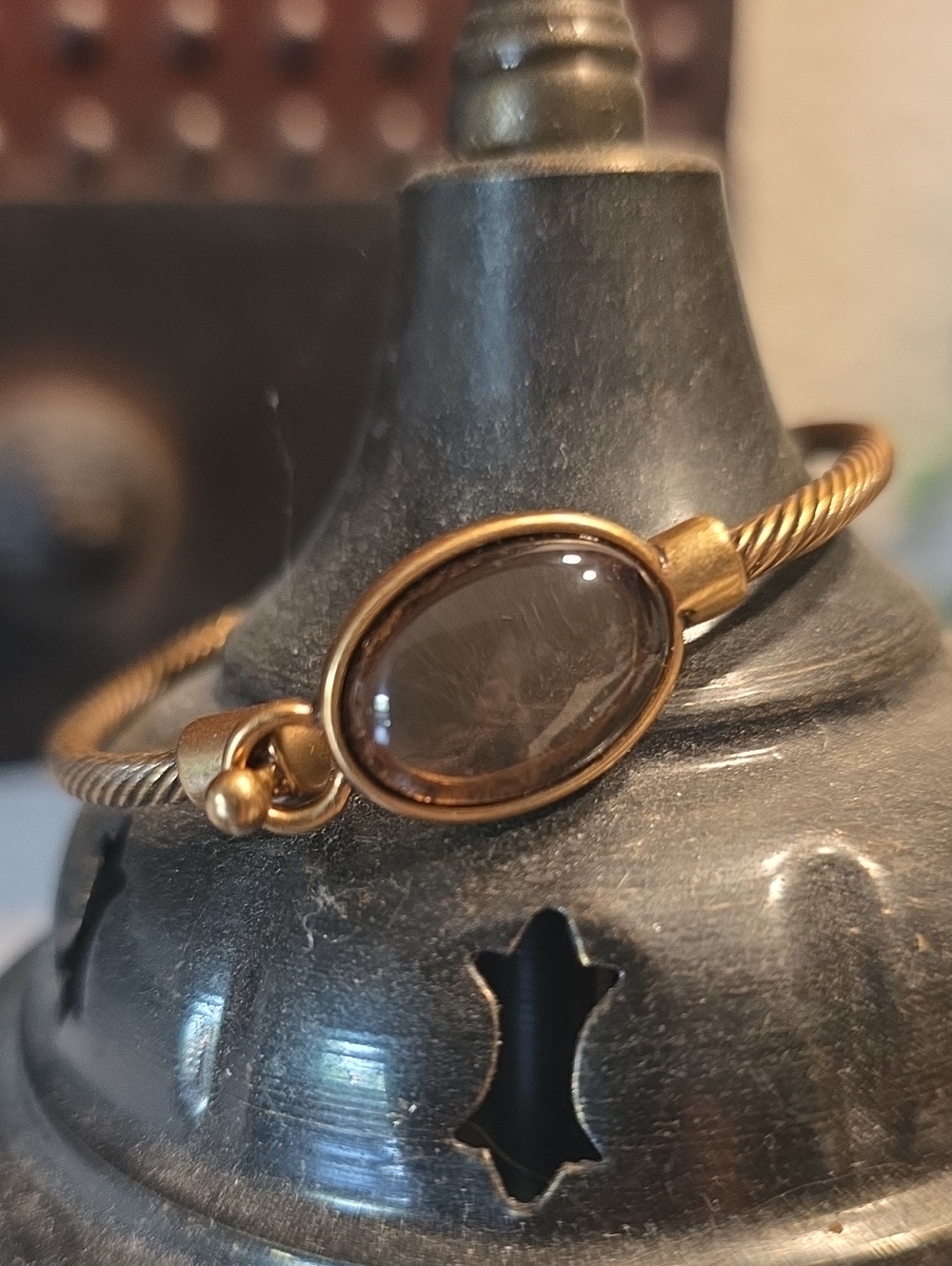Gold-Tone Oval Smoky Glass Cable Bangle Bracelet